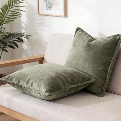 LR Rocaloca Greek Velvet Euro Sham Covers Set of 2 26x26 Luxury Soft Solid Pillow Covers for Living Room Bedroom Yard,Army Green - Image 2