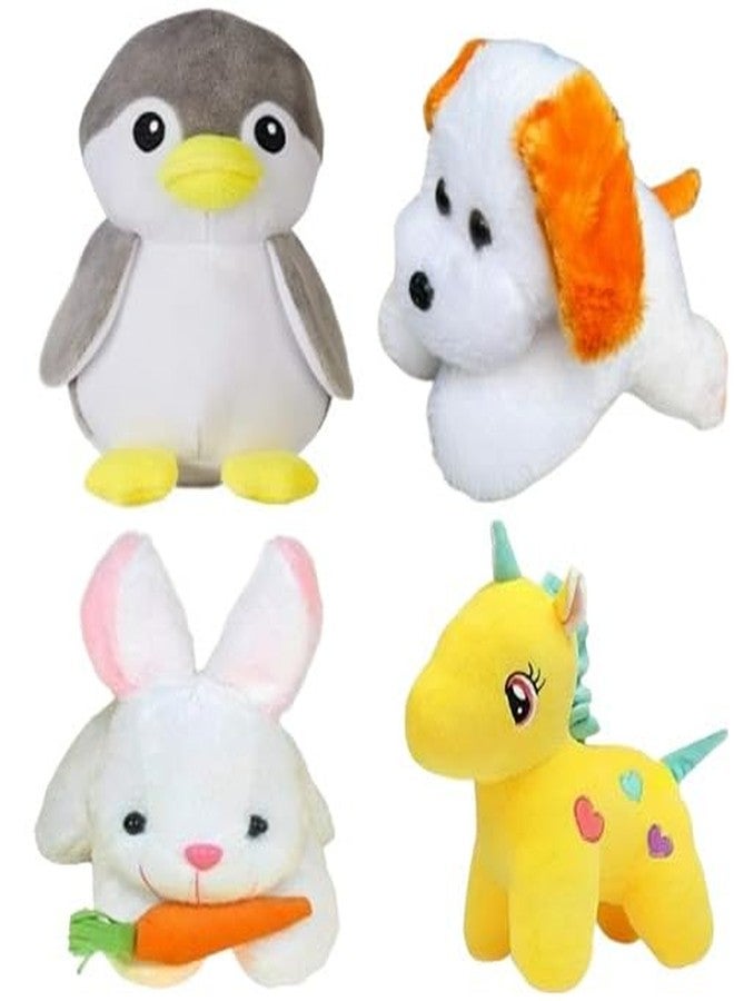 Future Shop Pack of 4 Elegant Soft Toys: Grey Penguin, White Dog, Rabbit, & Yellow Unicorn for Kids| Plush Animal Bundle for Playtime and Decor - Image 1
