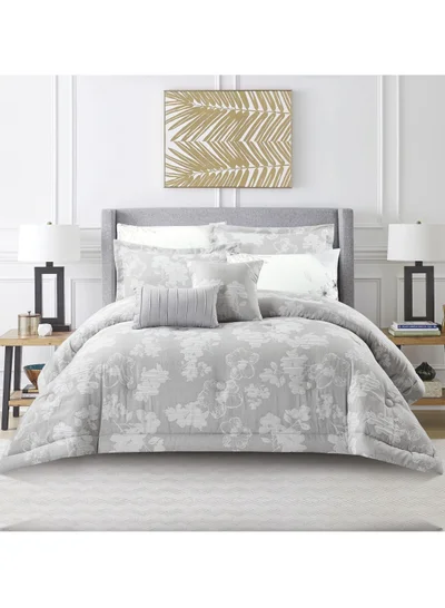 Donetella Bedding Comforter Set 5-Pcs Single Size Solid Yarn Dyed Bed Set Fits (120 x 200 Cm) All Season 350GSM Feather Silk Fill,Cool Grey