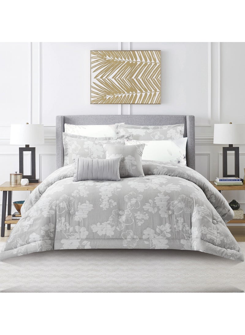 Donetella - Bedding Comforter Set 5-Pcs Single Size Solid Yarn Dyed Bed Set Fits (120 x 200 Cm) All Season 350GSM Feather Silk Fill,Cool Grey - Image 1