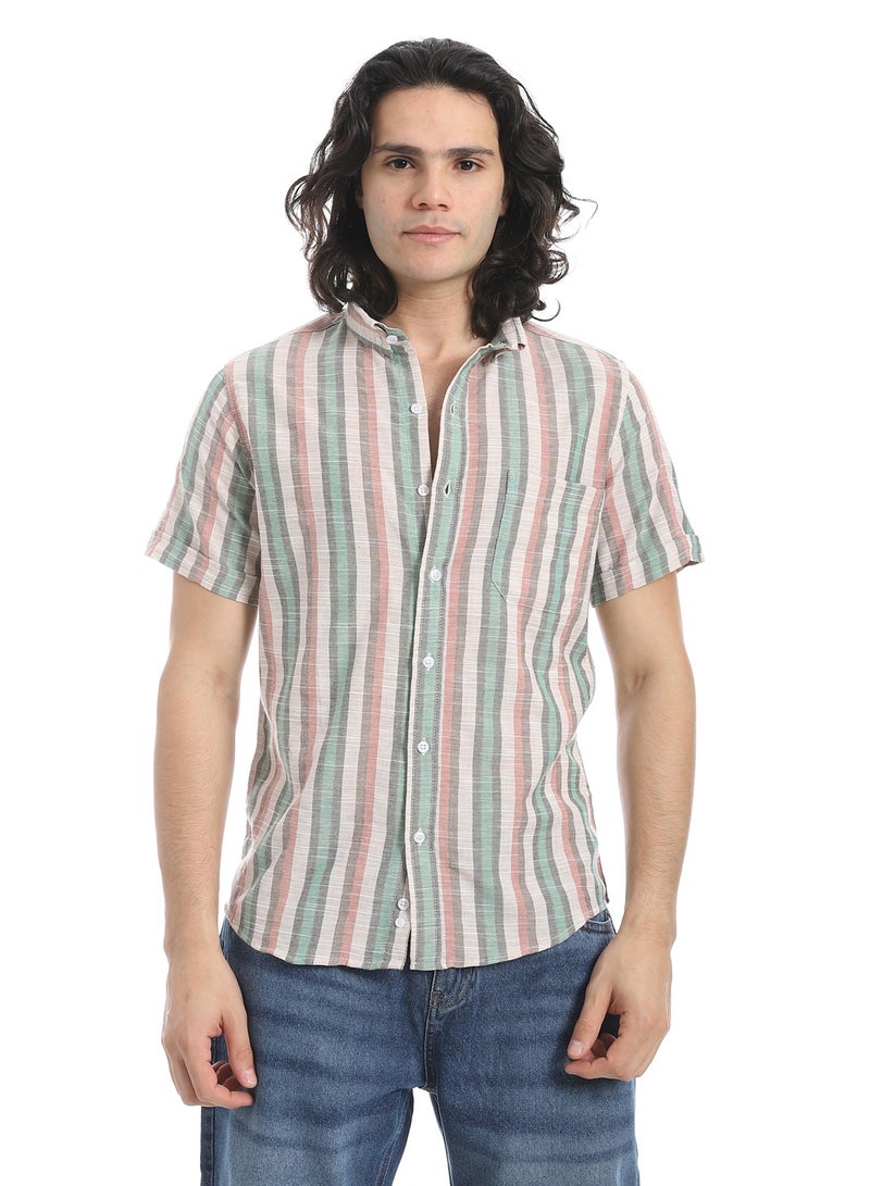 Andora Short Sleeves Striped Shirt _ Beige, Green and Light Brown - Image 1
