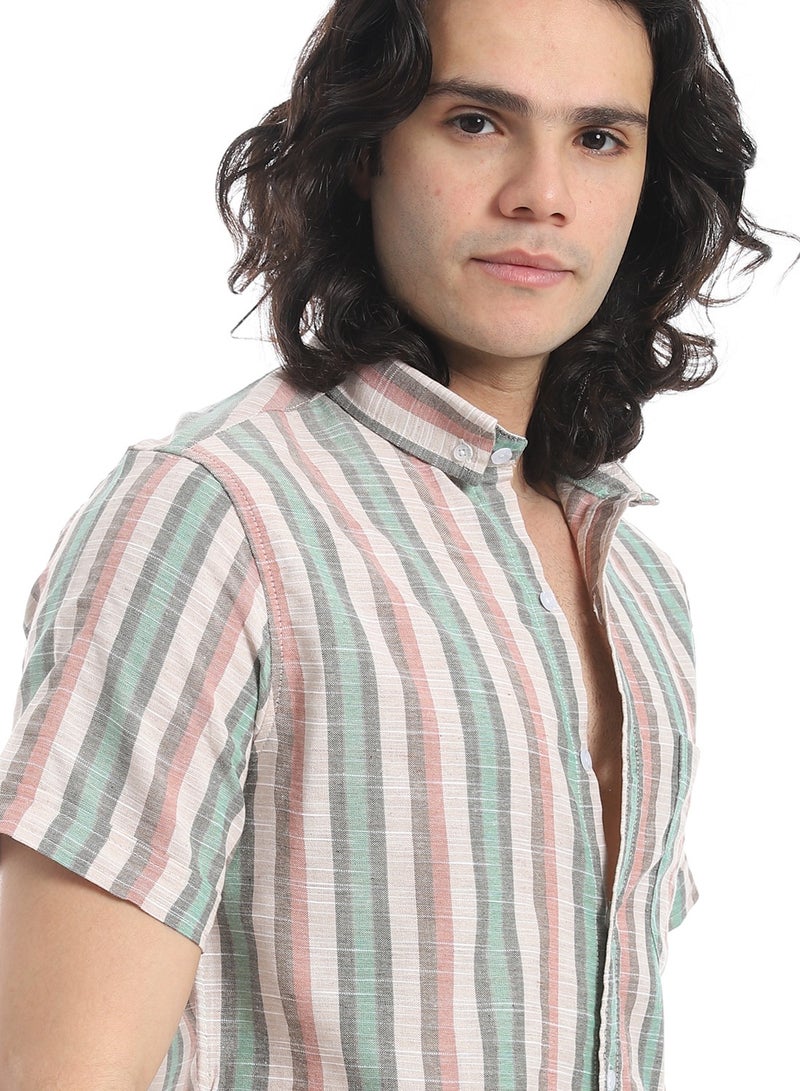 Andora Short Sleeves Striped Shirt _ Beige, Green and Light Brown - Image 4