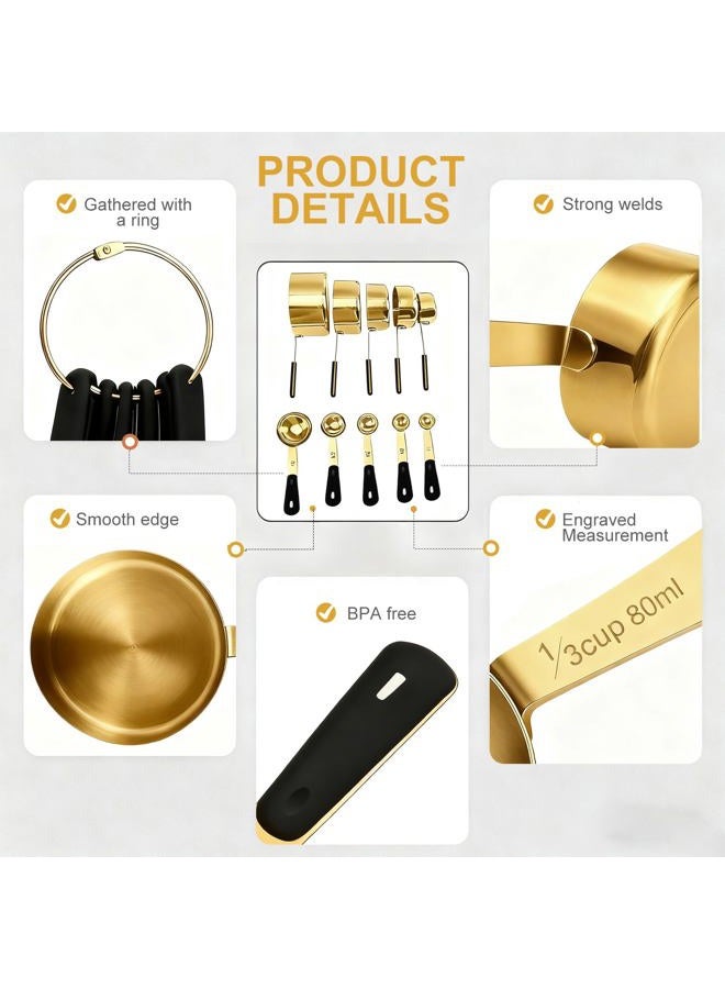 Bopei Measuring Cups and Spoons Set, Gold Electroplated Stainless Steel 10 Piece for Cooking and Baking (5 Cups + 5 Spoons Gold) - Image 3