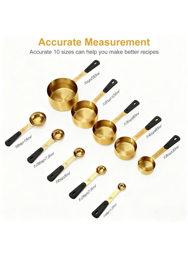 Bopei Measuring Cups and Spoons Set, Gold Electroplated Stainless Steel 10 Piece for Cooking and Baking (5 Cups + 5 Spoons Gold) - Image 2