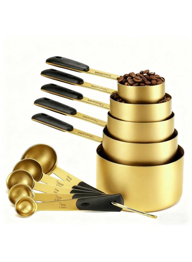 Bopei Measuring Cups and Spoons Set, Gold Electroplated Stainless Steel 10 Piece for Cooking and Baking (5 Cups + 5 Spoons Gold) - Image 1