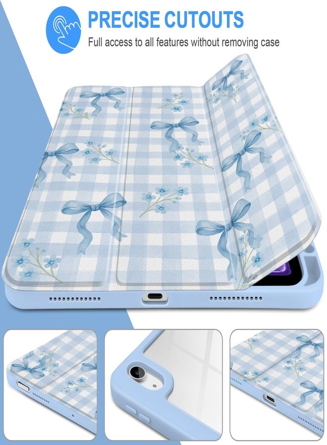 TWOLSKOO Case for iPad Air 11-inch (M3 2025 / M2 2024), Clear Acrylic Back with TPU Bumper, Pencil Holder, Trifold Stand, Auto Sleep/Wake, Blue Gingham Bows - Image 4
