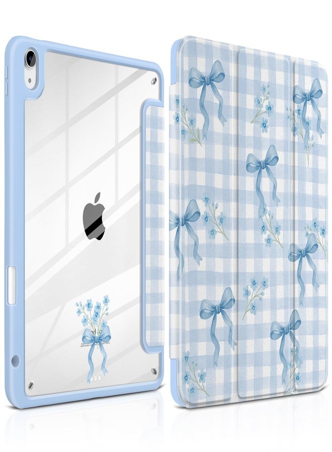 TWOLSKOO Case for iPad Air 11-inch (M3 2025 / M2 2024), Clear Acrylic Back with TPU Bumper, Pencil Holder, Trifold Stand, Auto Sleep/Wake, Blue Gingham Bows - Image 1