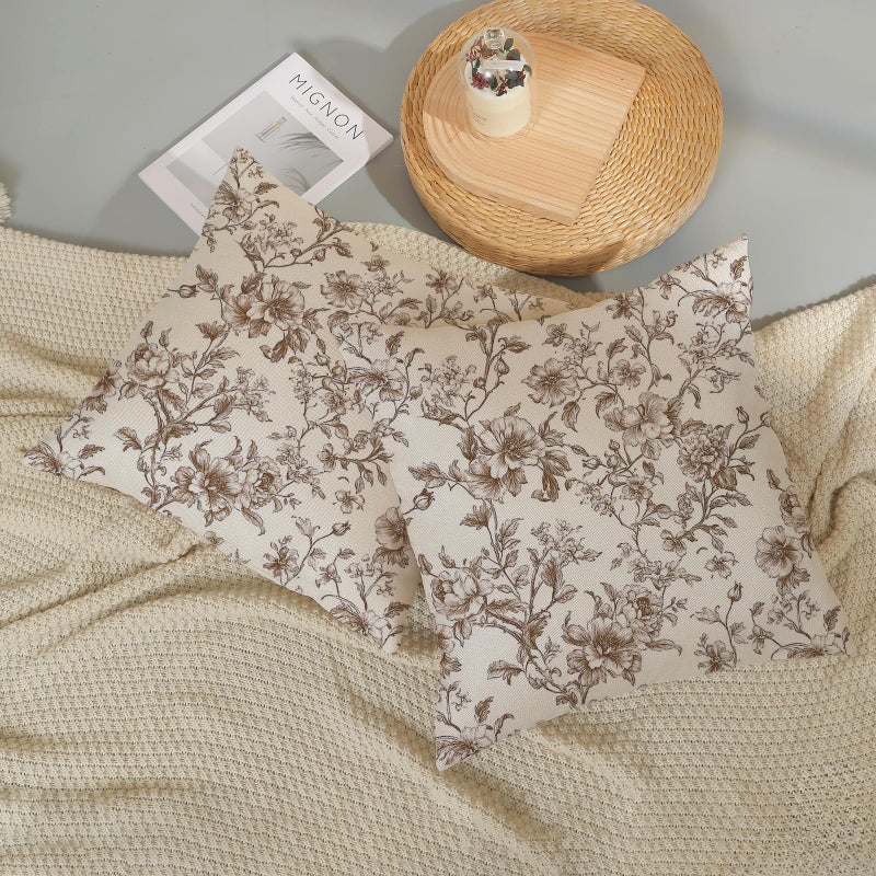 GOLIANDA Brown Pillow Covers 18x18 Set of 2 Brown and Cream Floral Chinoiserie Throw Pillows Vintage Rustic Toile Flower Decorative Pillow Cases Outdoor Chinoiserie Decor Cushion Case for Couch Sofa - Image 5