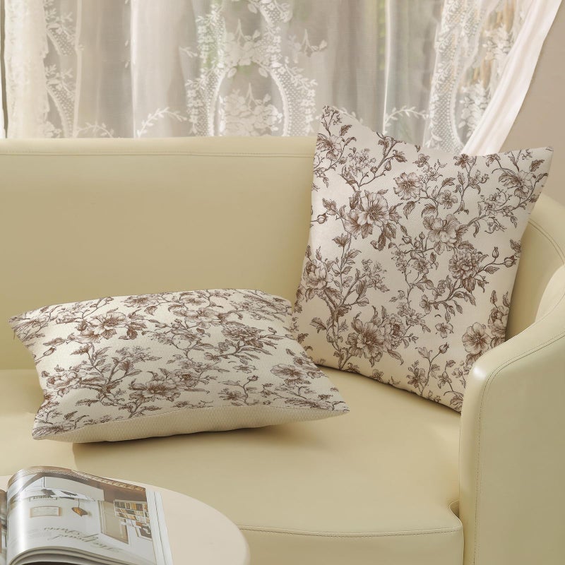 GOLIANDA Brown Pillow Covers 18x18 Set of 2 Brown and Cream Floral Chinoiserie Throw Pillows Vintage Rustic Toile Flower Decorative Pillow Cases Outdoor Chinoiserie Decor Cushion Case for Couch Sofa - Image 4