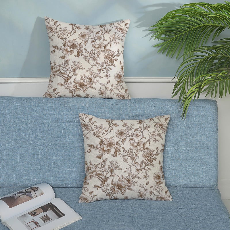 GOLIANDA Brown Pillow Covers 18x18 Set of 2 Brown and Cream Floral Chinoiserie Throw Pillows Vintage Rustic Toile Flower Decorative Pillow Cases Outdoor Chinoiserie Decor Cushion Case for Couch Sofa - Image 3
