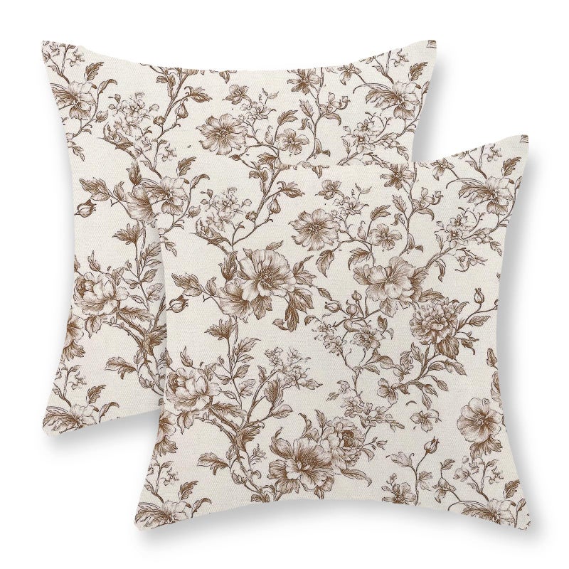 GOLIANDA Brown Pillow Covers 18x18 Set of 2 Brown and Cream Floral Chinoiserie Throw Pillows Vintage Rustic Toile Flower Decorative Pillow Cases Outdoor Chinoiserie Decor Cushion Case for Couch Sofa - Image 1