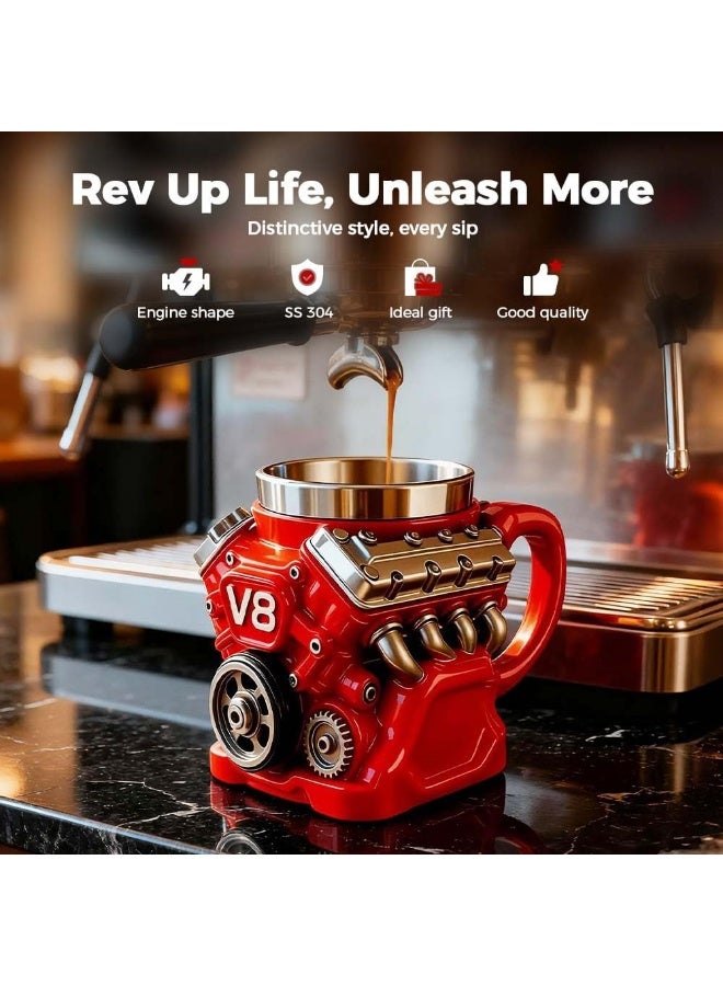 كوب قهوة بتصميم محرك V8، كوب قهوة بتصميم محرك كلاسيكي V8، كوب من الفولاذ المقاوم للصدأ بجدار مزدوج عازل للحرارة ومزود بمقبض، لمحبي السيارات، مثالي لعيد الأب، قابل للحمل، سعة 8.45 أونصة (250 مل) - Image 2