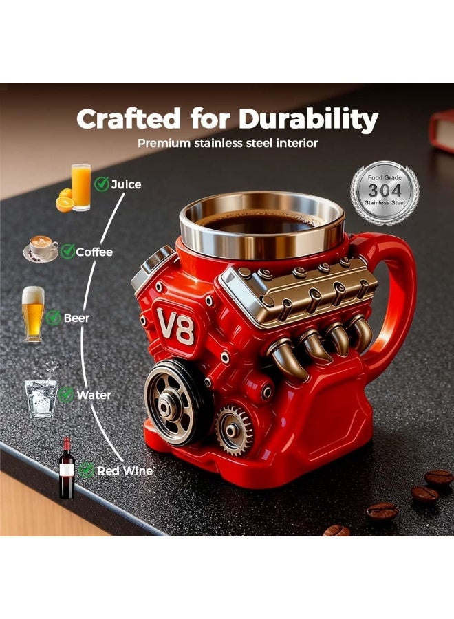كوب قهوة بتصميم محرك V8، كوب قهوة بتصميم محرك كلاسيكي V8، كوب من الفولاذ المقاوم للصدأ بجدار مزدوج عازل للحرارة ومزود بمقبض، لمحبي السيارات، مثالي لعيد الأب، قابل للحمل، سعة 8.45 أونصة (250 مل) - Image 4