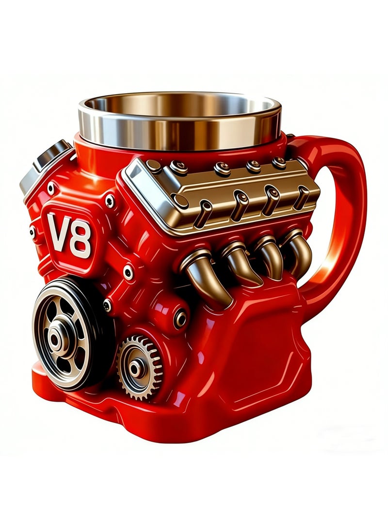 كوب قهوة بتصميم محرك V8، كوب قهوة بتصميم محرك كلاسيكي V8، كوب من الفولاذ المقاوم للصدأ بجدار مزدوج عازل للحرارة ومزود بمقبض، لمحبي السيارات، مثالي لعيد الأب، قابل للحمل، سعة 8.45 أونصة (250 مل) - Image 1