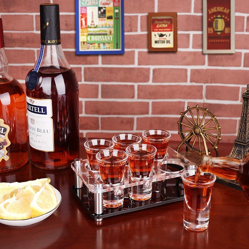 DZ Shot Glass Set of 6 with Serving Tray, Stylish and Modern Holder for Drinking, Serving, Display and Storage, 1 oz (30 ml) Tasting Glass for Restaurant, Bar, Family Gathering, Handy Party Tool - Image 3