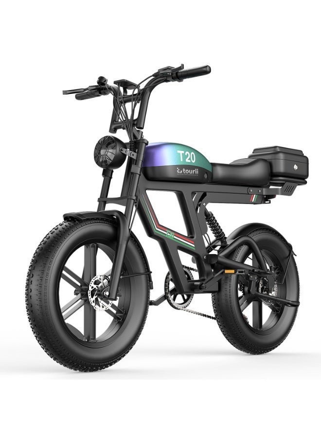 توري دراجة Tourii T20 الكهربائية الكلاسيكية – إطار 20 بوصة عريض، محرك 1800 واط، بطارية 48 فولت 20 أمبير، سرعة 45 كم/س، تسلق 35°، 5 أوضاع، هيكل كربوني – دراجة وعرة لجميع التضاريس - Image 2