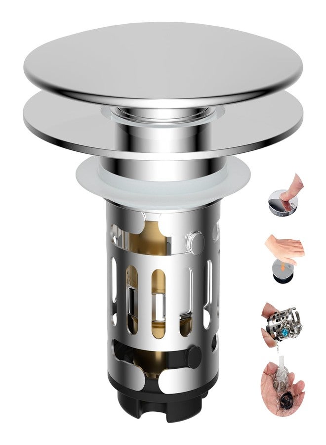 Hibbent Upgraded 3 in 1 Bathroom Sink Drain Strainer, Universal Pop Up Sink Stopper with Big Push Cap, Anti-Clogging Metal Filter Basket,Sink Plug with Hair Catcher for 1.1''~2.36'' Basin, Chrome - Image 1