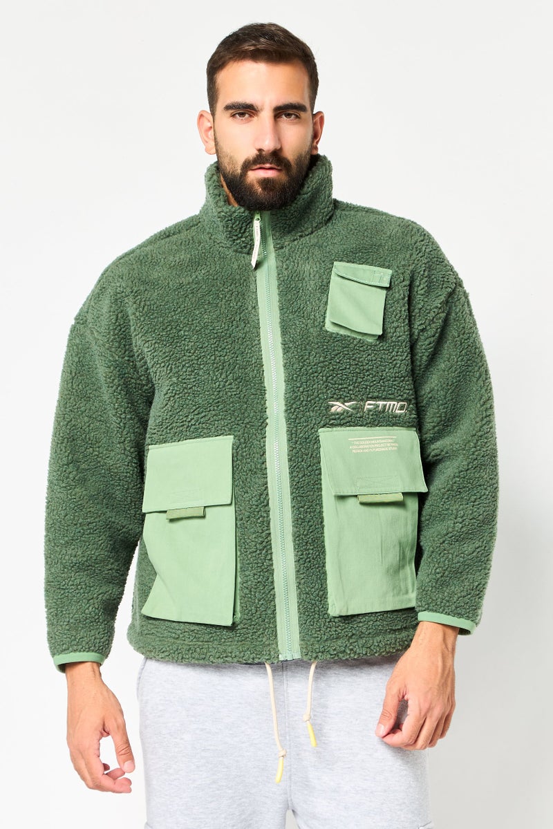 Reebok Men Embroidered Logo Faux Fur Outdoor Jacket, Green - Image 1