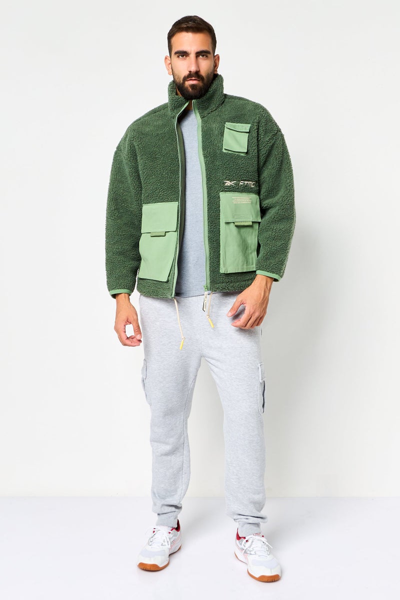 Reebok Men Embroidered Logo Faux Fur Outdoor Jacket, Green - Image 2