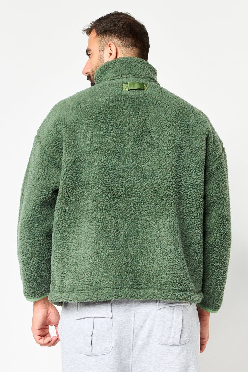 Reebok Men Embroidered Logo Faux Fur Outdoor Jacket, Green - Image 4