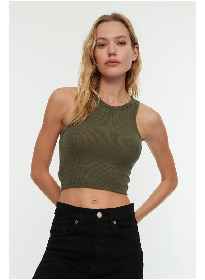 trendyol Khaki Fitted/Sleeping Crop Halterneck Ribbed Ribbed Flexible Knit Single Singlet TWOSS21AL0050.  - Image 1