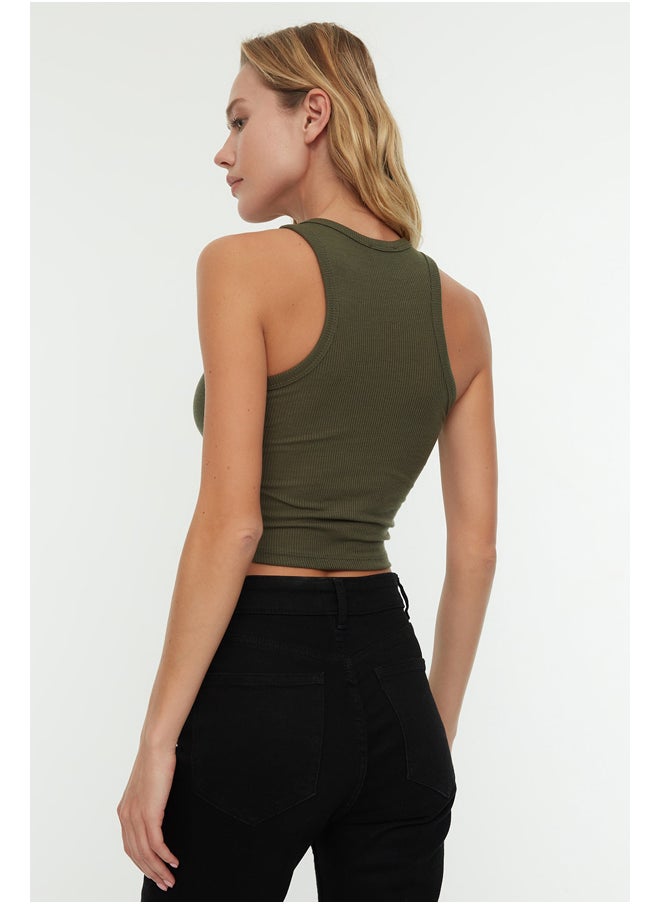 trendyol Khaki Fitted/Sleeping Crop Halterneck Ribbed Ribbed Flexible Knit Single Singlet TWOSS21AL0050.  - Image 5