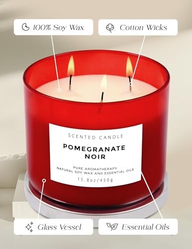 T H Pomegranate Noir Vanilla 3 Wick Candle | Highly Scented Natural Soy Candle 15.8 oz | Aromatherapy Stress Relief Candle Long Lasting & Clean Burn | Luxury Relaxing Gift for Home, Women & Men - Image 5