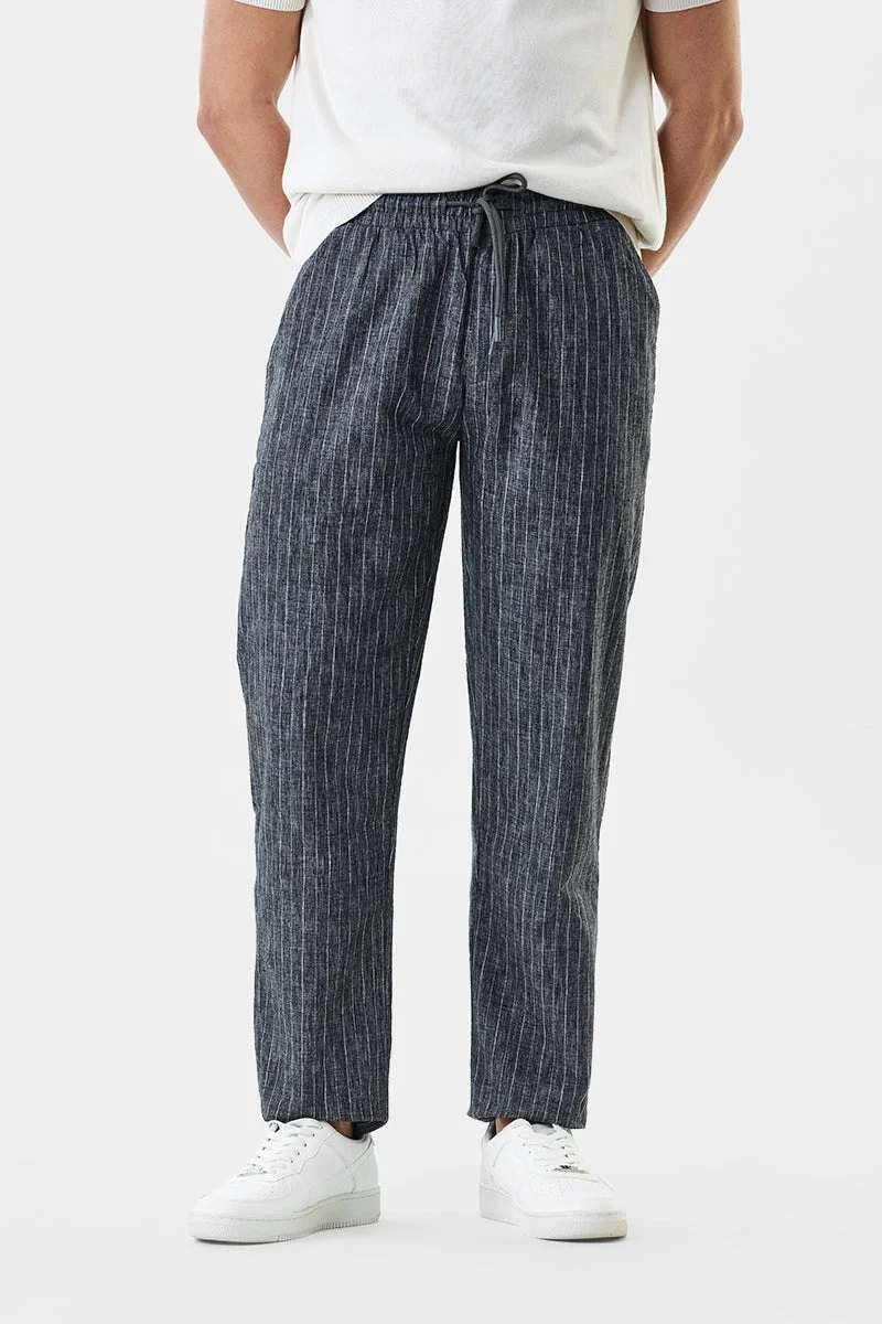 SNITCH Linen Blend Stripes Regular Fit Trousers