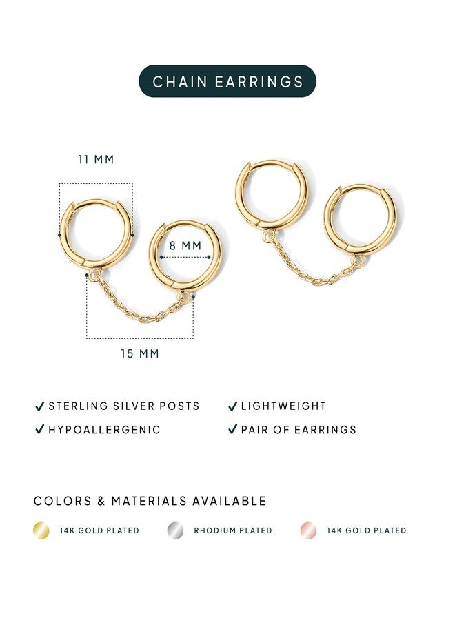 PAVOI 14K Gold Chain Earrings for Women | Double Piercing Dangle Chain Huggie Hoop Earrings | Cubic Zirconia Pearl Stud Ear Cuff Earrings for Women, 11mm, Rose Gold, No Gemstone - Image 3