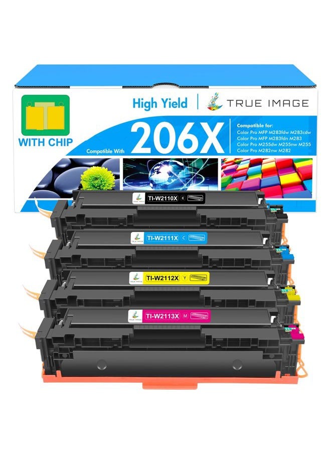 TRUE IMAGE 206X Toner Cartridges 4 Pack: 206A Set M283fdw Compatible Replacement for HP 206X 206A Color Pro MFP M283fdw M283cdw M255dw M283 M255 Printer W2110A W2110X High Yield Ink (with Chip -B/C/Y/M) - Image 1