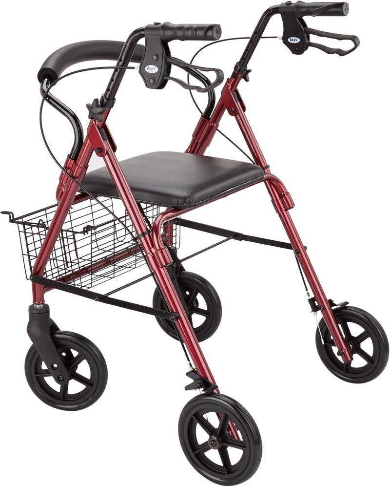 Homecraft Days Four Wheeled Rollator Walker with Cable Brakes Padded Seat and Backrest Underseat Basket Lightweight Foldable Aluminium Frame Lockable Brakes Walking Mobility Aid Swivel Wheels Ruby - Image 4
