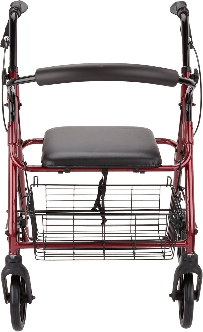 Homecraft Days Four Wheeled Rollator Walker with Cable Brakes Padded Seat and Backrest Underseat Basket Lightweight Foldable Aluminium Frame Lockable Brakes Walking Mobility Aid Swivel Wheels Ruby - Image 2