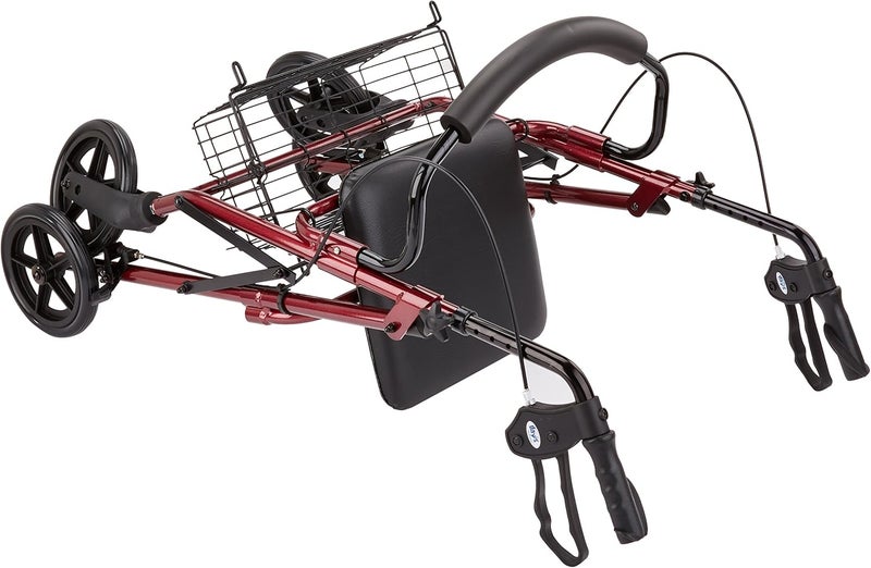 Homecraft Days Four Wheeled Rollator Walker with Cable Brakes Padded Seat and Backrest Underseat Basket Lightweight Foldable Aluminium Frame Lockable Brakes Walking Mobility Aid Swivel Wheels Ruby - Image 5