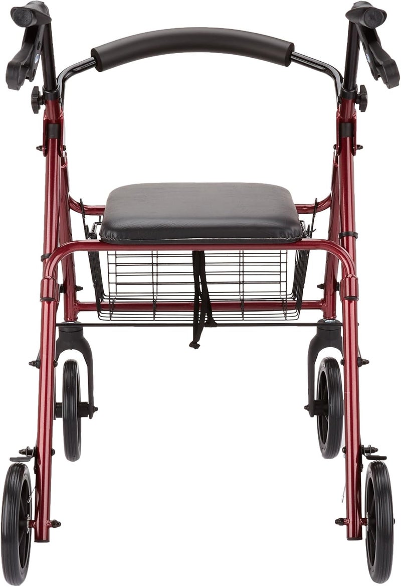 Homecraft Days Four Wheeled Rollator Walker with Cable Brakes Padded Seat and Backrest Underseat Basket Lightweight Foldable Aluminium Frame Lockable Brakes Walking Mobility Aid Swivel Wheels Ruby - Image 3