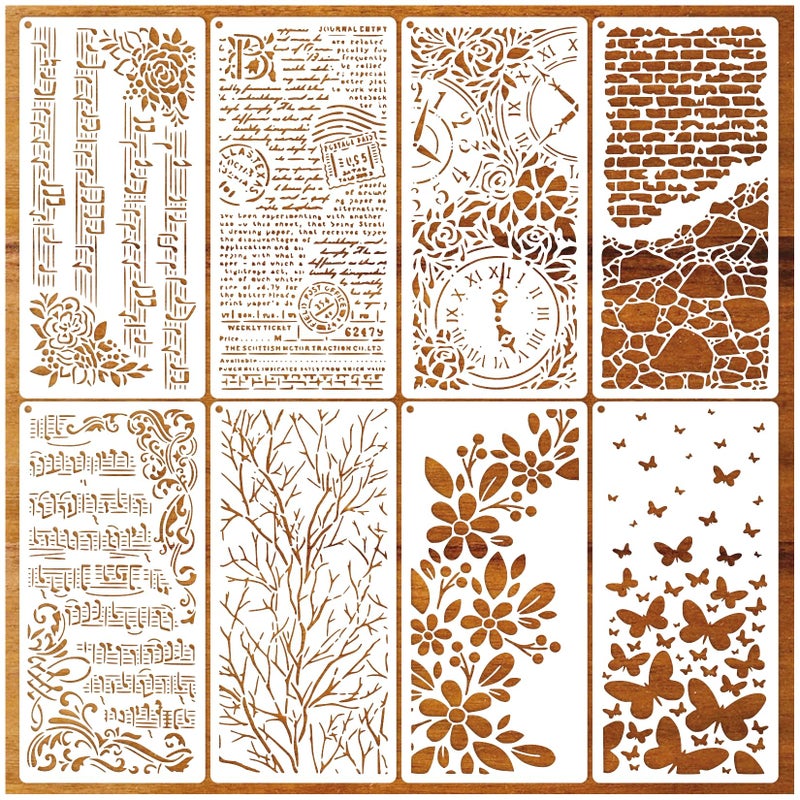 Boqon 8 Pieces Stencils for Crafts Reusable Branches Musical Notes Stencil Floral Texture Background Layering Drawing Templates Stencils for Painting on Wood Furniture Paper (8 Branches) - Image 1