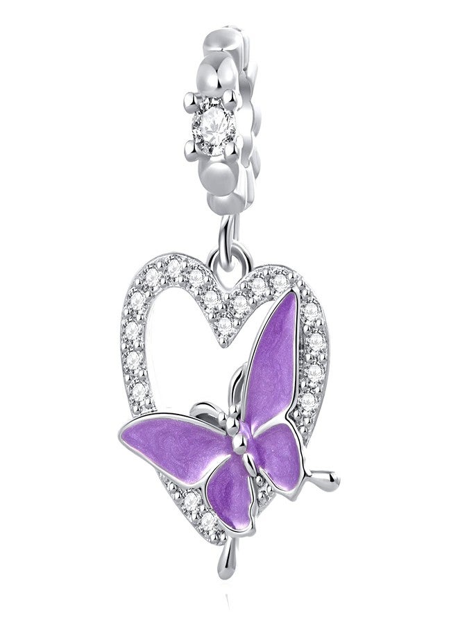 QeenseKc Purple Crystal Butterfly Heart Dangle Charm for Pandora Bracelet Mothers Day Gift - Image 1