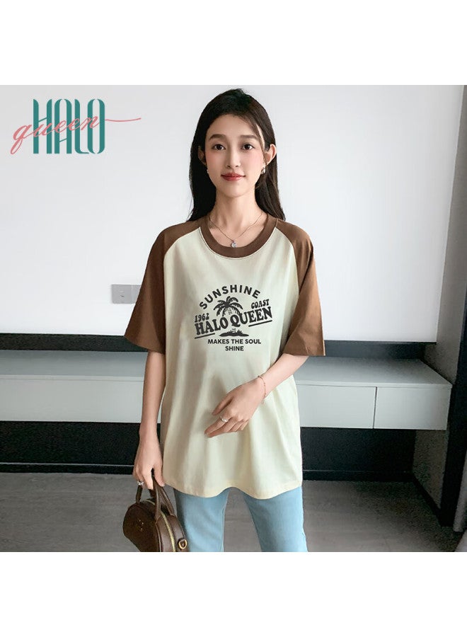 HALOQUEEN Halo Queen Women's Raglan Sleeve Patchwork Pullover T-shirt Vacation Style Coconut Tree Print Top H143t1411 - Image 3