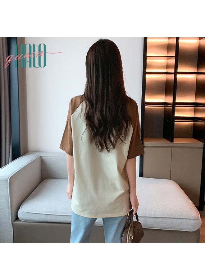 HALOQUEEN Halo Queen Women's Raglan Sleeve Patchwork Pullover T-shirt Vacation Style Coconut Tree Print Top H143t1411 - Image 4