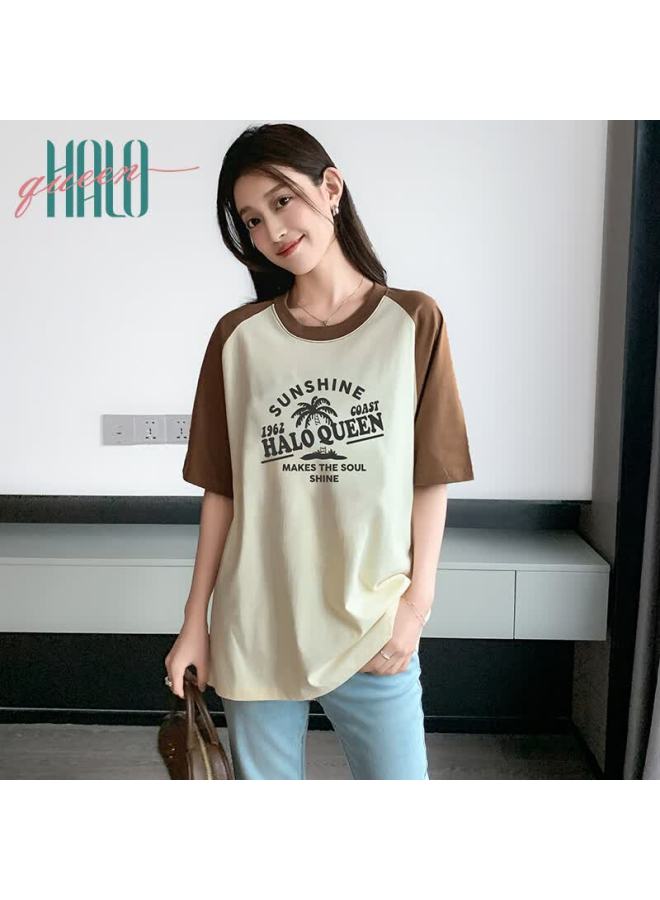 HALOQUEEN Halo Queen Women's Raglan Sleeve Patchwork Pullover T-shirt Vacation Style Coconut Tree Print Top H143t1411 - Image 2