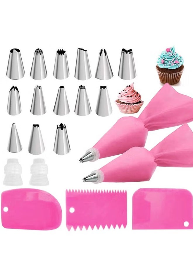 هابي دي طقم أكياس وتروس تزيين 21 قطعة، حقيبتان معادتان للاستخدام من السيليكون مع 14 فوهة من الفولاذ المقاوم للصدأ للتزيين، 3 أدوات لتنعيم التزيين، و2 وصلات، و1 مشبك إغلاق لأدوات تزيين الكيك (وردي) - Image 1