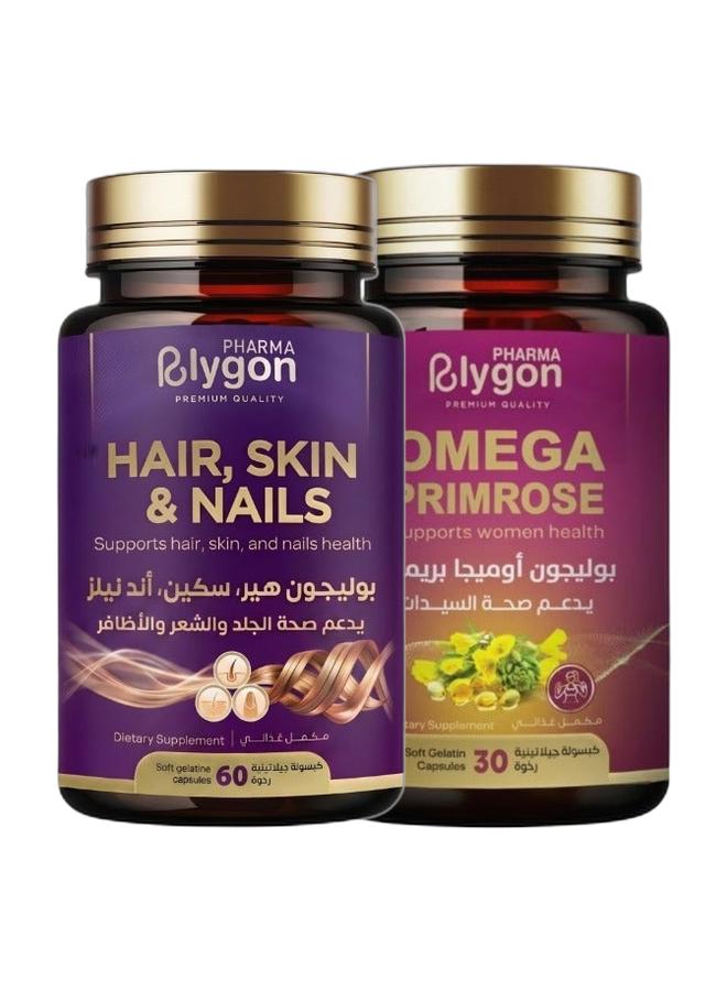 Polygon pharma Hair, Skin & Nails 60 Caps + Omega Primrose 30 Caps | Women's Health Bundle - Image 1