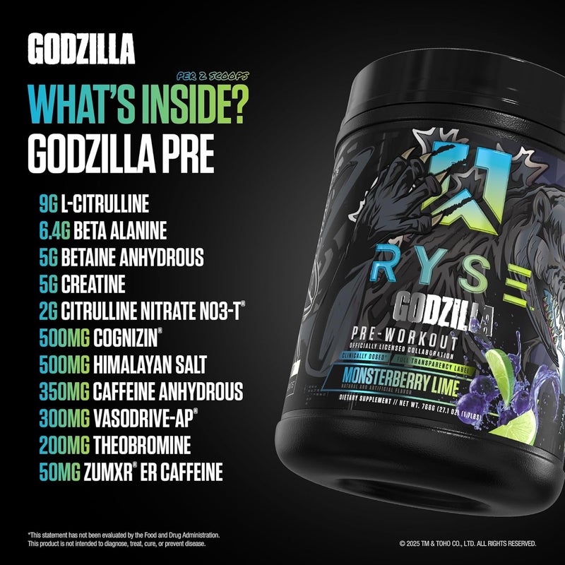 RYSE Up Supplements RYSE Godzilla X Noel Deyzel Pre Workout Powder  Monsterberry Lime  400mg Caffeine High Stim PreWorkout for Men  Women with Citrulline  Beta Alanine  Energy Pump  Focus  2040 Servings - Image 4