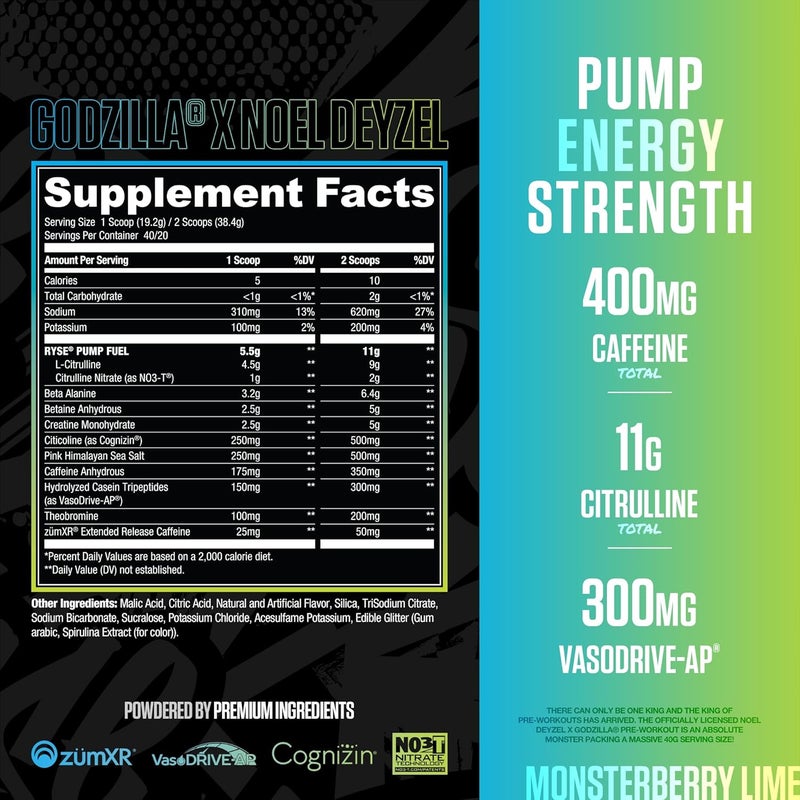 RYSE Up Supplements RYSE Godzilla X Noel Deyzel Pre Workout Powder  Monsterberry Lime  400mg Caffeine High Stim PreWorkout for Men  Women with Citrulline  Beta Alanine  Energy Pump  Focus  2040 Servings - Image 2
