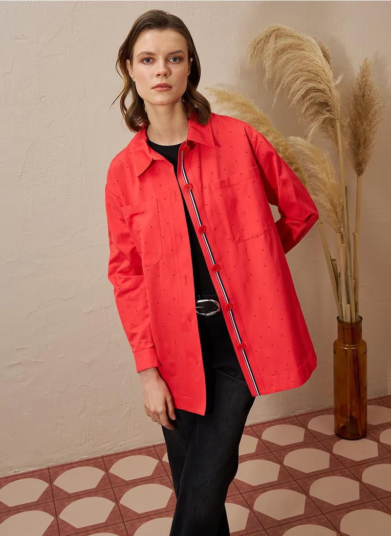 Kayra Double Pocket Hotfix Printed Blouse Red
