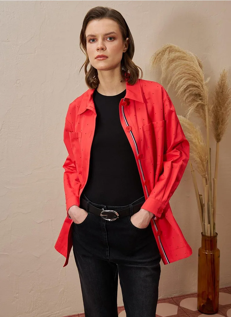 Kayra Double Pocket Hotfix Printed Blouse Red