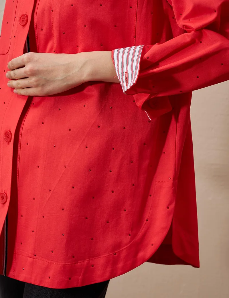 Kayra Double Pocket Hotfix Printed Blouse Red