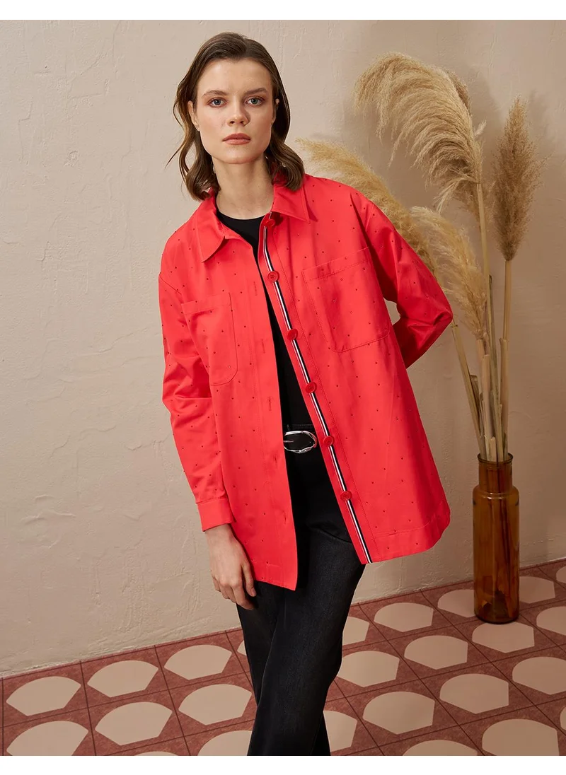 Kayra Double Pocket Hotfix Printed Blouse Red