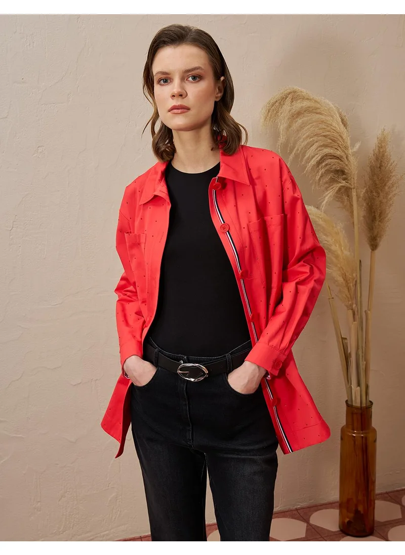 Kayra Double Pocket Hotfix Printed Blouse Red