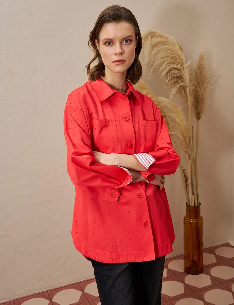 Kayra Double Pocket Hotfix Printed Blouse Red