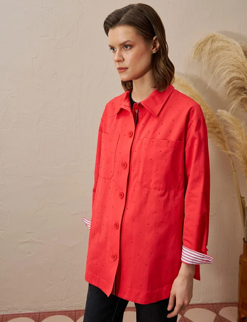 Kayra Double Pocket Hotfix Printed Blouse Red